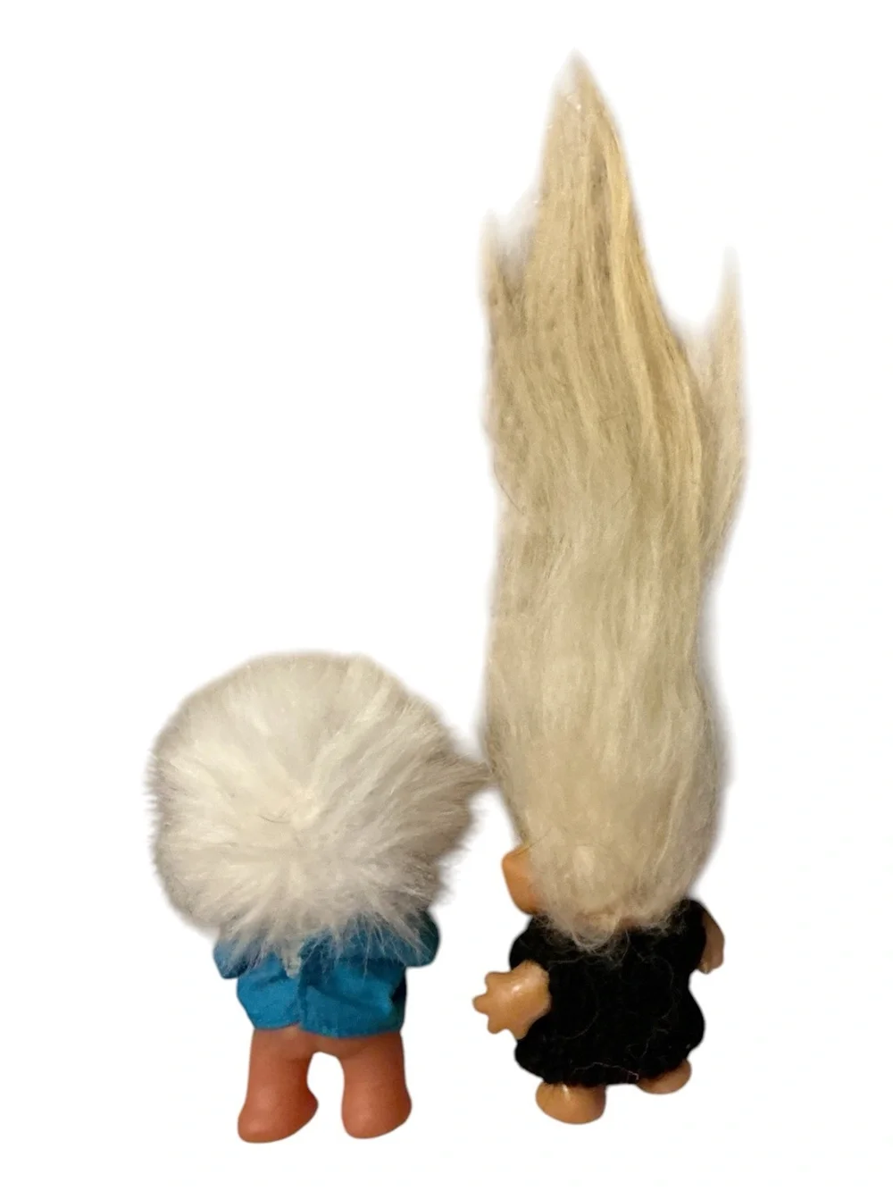 Vintage Twin Troll Dolls with White Hair - Blue & Black Outfits
